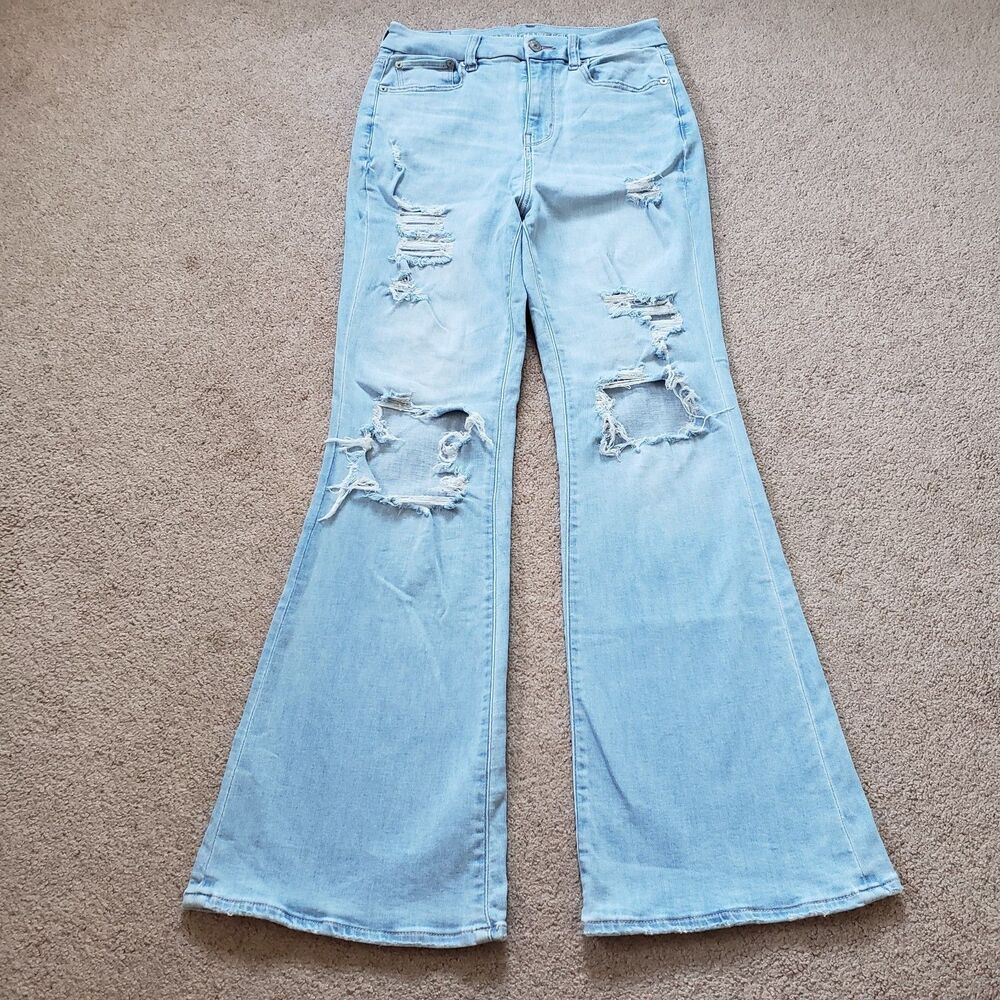 American Eagle Curvy High Rise Flare Stretch Ripped Distressed Emb Flowers Siz 4